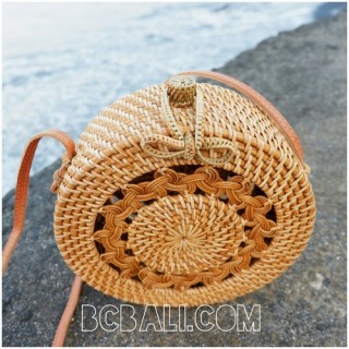 new rattan handbags circle design motif bow close handle leather